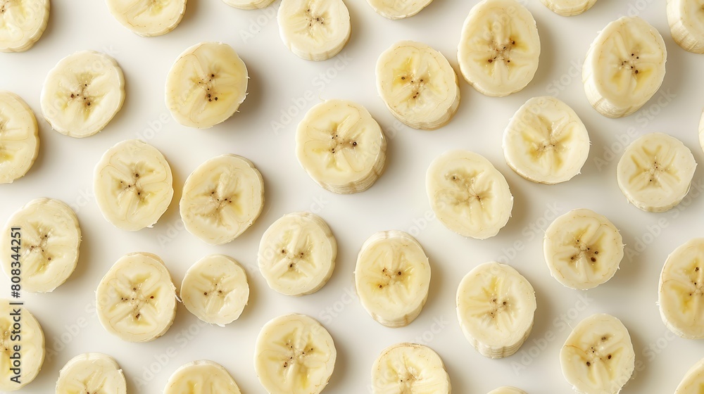 A top view of banana pieces cut into circles, artistically spread out to display their uniform thickness and natural color on a white surface A top view of banana pieces cut into circles, artistically spread out to display their uniform thickness and natural color on a white surface