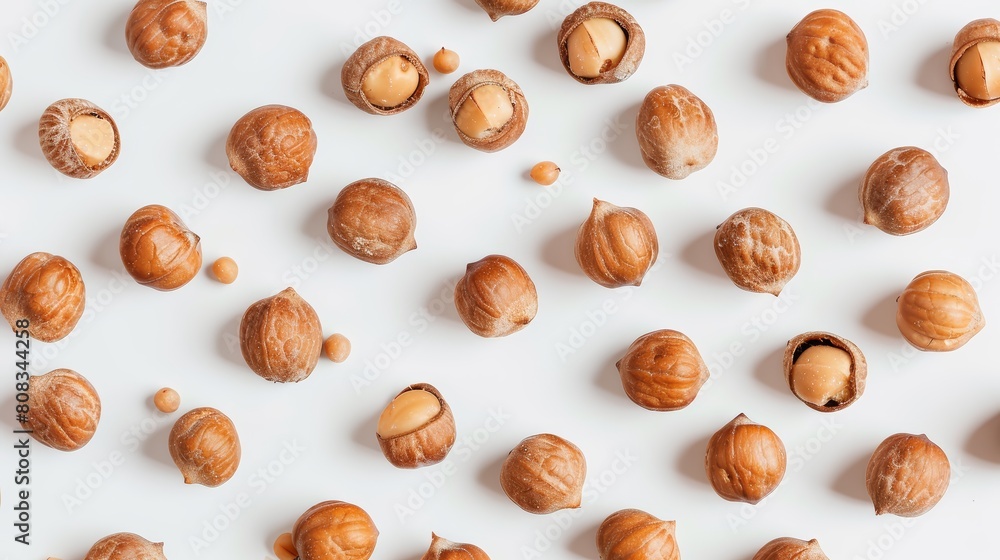 A top view of candlenuts scattered loosely, showcasing their round forms and subtle sheen on a white surface A top view of candlenuts scattered loosely, showcasing their round forms and subtle sheen on a white surface