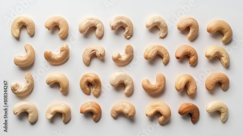A top view of cashew nuts neatly aligned, showcasing their uniform sizes and subtle color variations on a white surface