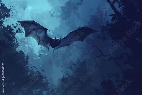 bat in the shadows a mysterious bat flying through a dark foreboding forest at night digital painting