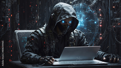 Hidden dark face with glowing eyes. Future cyborg hacker sitting in server room with lot of electrical wires. Concept of hacker attack, virus infected software, darknet and cybersecurity, near future photo