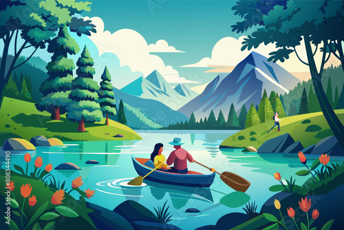 Illustration of a couple canoeing in a serene lake surrounded by lush forests, colorful flowers, and distant mountains.