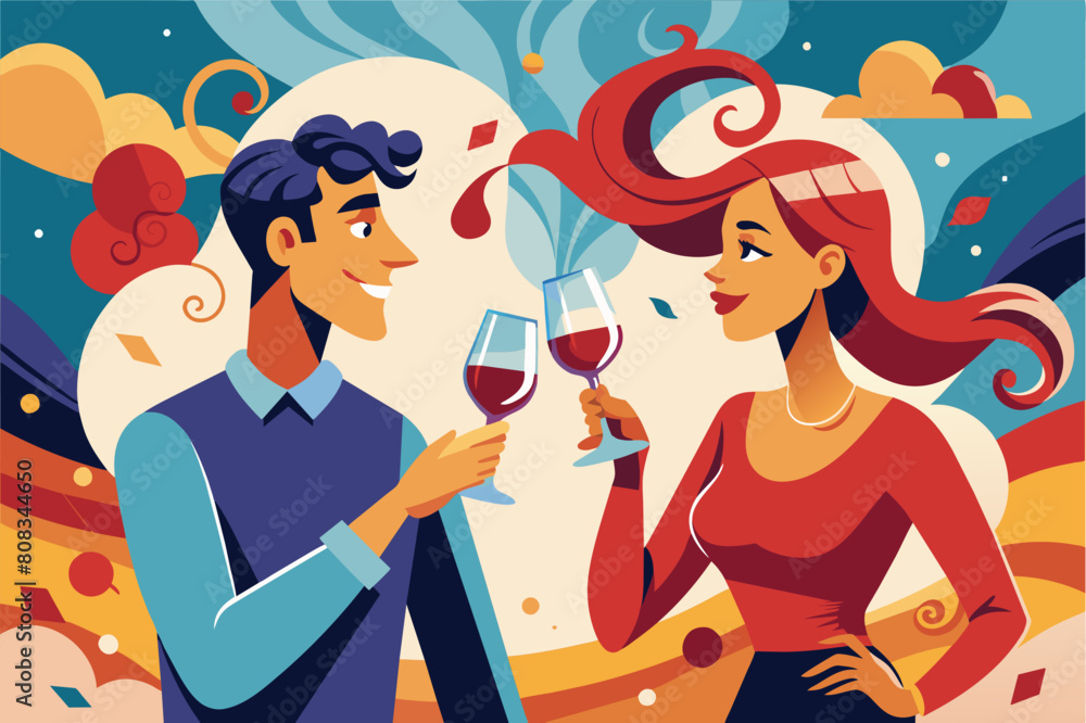A cartoon illustration of a man and a woman cheerfully toasting with wine glasses. They have stylized, exaggerated features with the man in a blue shirt and the woman in a red top A cartoon illustration of a man and a woman cheerfully toasting with wine glasses. They have stylized, exaggerated features with the man in a blue shirt and the woman in a red top