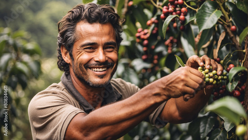 In Colombia's coffee plantation, beaming worker picks ripe cherries, surrounded by rich scent of beans. Their hands dance with precision, plucking Colombia's famed coffee. Portrait of smiling worker photo