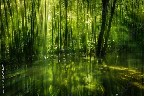 Lush bamboo grove bathed in light, zen and soothing nature photography