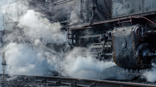A powerful locomotive sits on the tracks, billowing out dense clouds of steam at the train station