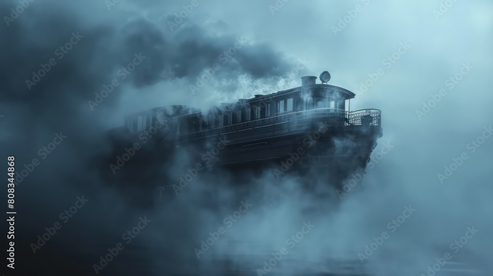 Fototapeta premium An ethereal train appears through the dense fog, creating a strong, eerie and suspense-filled scene with cinematic appeal