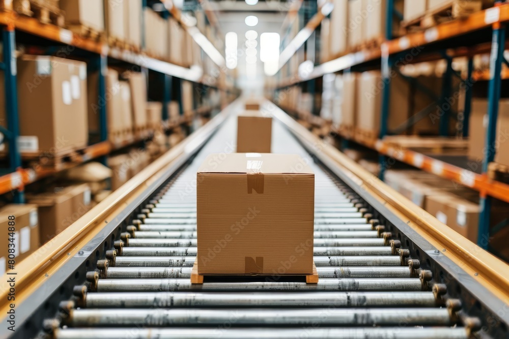 cardboard boxes and packages on roller conveyors in logistics warehouse awaiting shipment industrial interior cardboard boxes and packages on roller conveyors in logistics warehouse awaiting shipment industrial interior