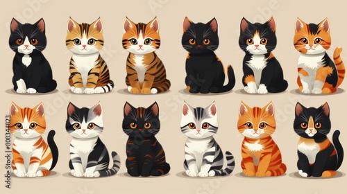 Funny kitten doodle element modern. Happy international cat day characters design collection with flat color in different poses. Set of adorable pet animals isolated on white.