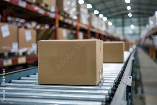 cardboard boxes and packages on roller conveyors in logistics warehouse awaiting shipment industrial interior
