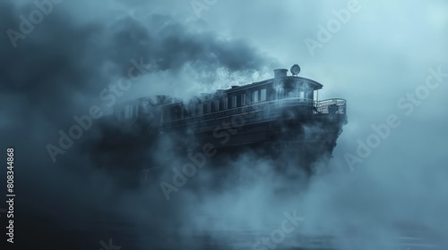An ethereal train appears through the dense fog, creating a strong, eerie and suspense-filled scene with cinematic appeal
