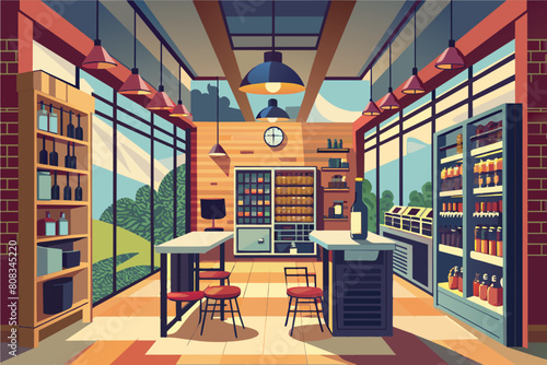 Illustration modern cafe interior with large windows showing a rural landscape. a central coffee bar with stools  shelves filled with various good