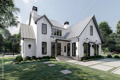 charming modern farmhouse with board and batten siding and metal roof ai generated exterior rendering photo