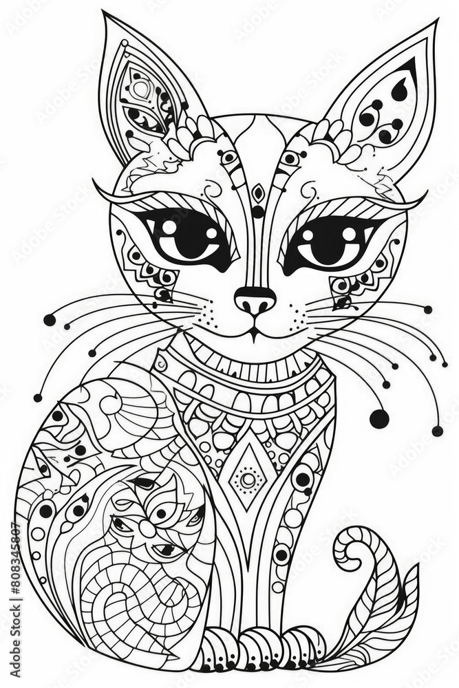 A detailed black and white drawing of a cat, showcasing its characteristic features and markings