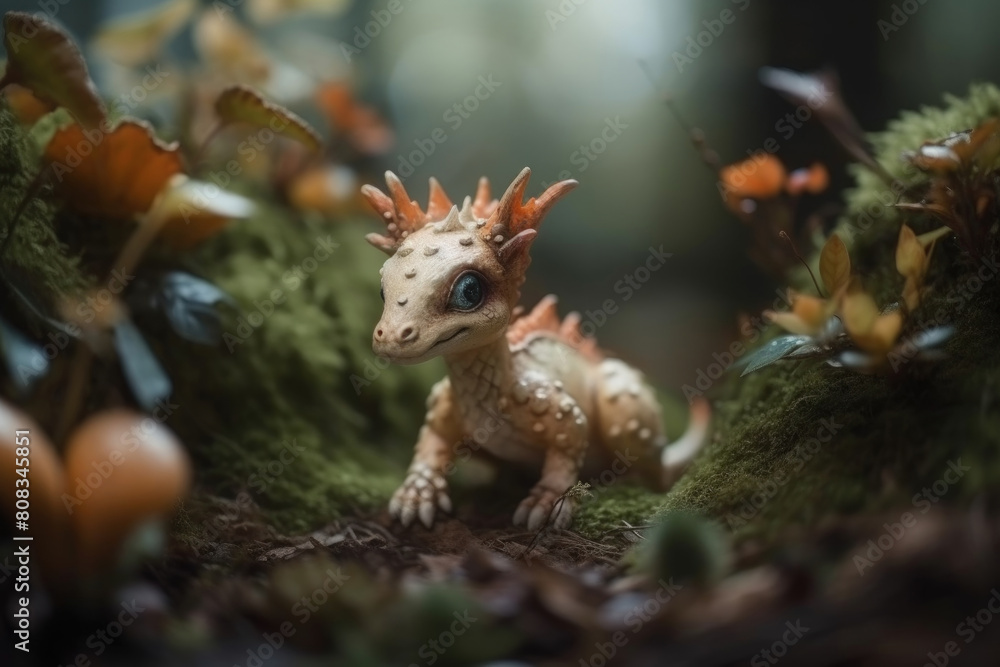 A small toy lizard is perched atop a lush patch of moss-covered ground in this miniature scene A small toy lizard is perched atop a lush patch of moss-covered ground in this miniature scene