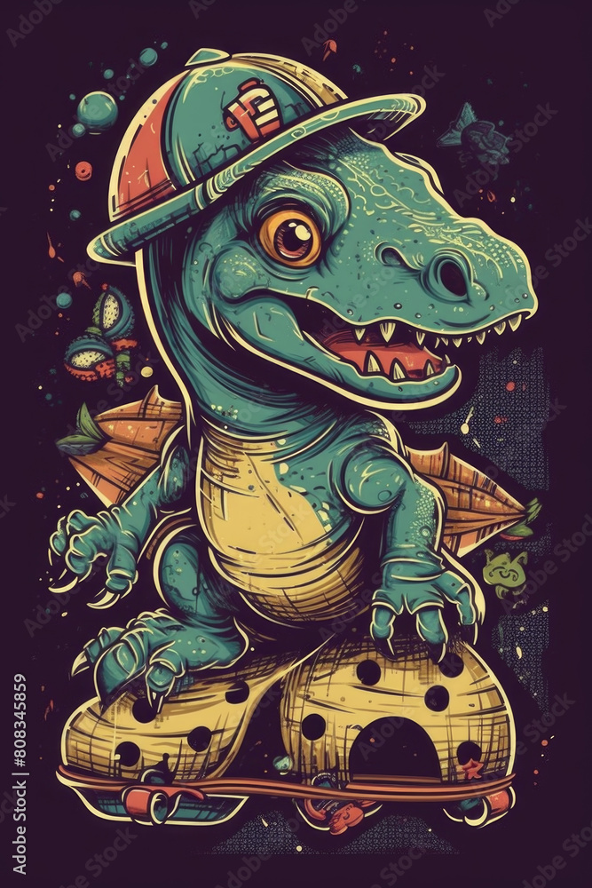 A t-shirt featuring a dinosaur riding a skateboard, showcasing a playful and unique design A t-shirt featuring a dinosaur riding a skateboard, showcasing a playful and unique design