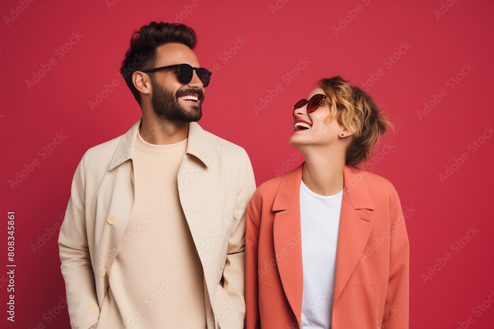Portrait stylish beautiful happy woman and man, modern young couple together on colorful background Portrait stylish beautiful happy woman and man, modern young couple together on colorful background