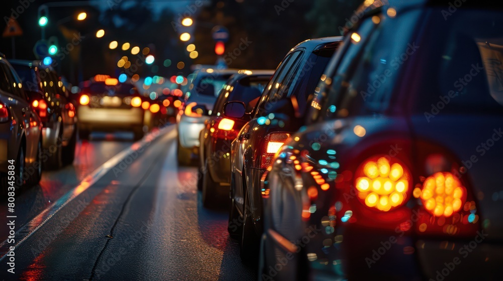 Busy street scene with lines of cars and their lights at dusk, capturing the urban commute Busy street scene with lines of cars and their lights at dusk, capturing the urban commute