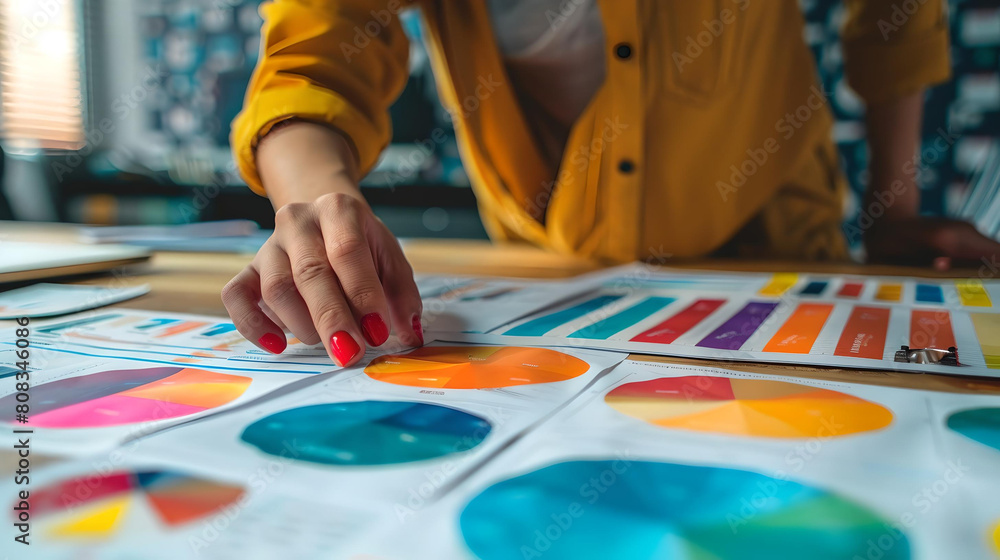 Obraz premium Focused designer choosing from a selection of colorful swatches for a creative project.