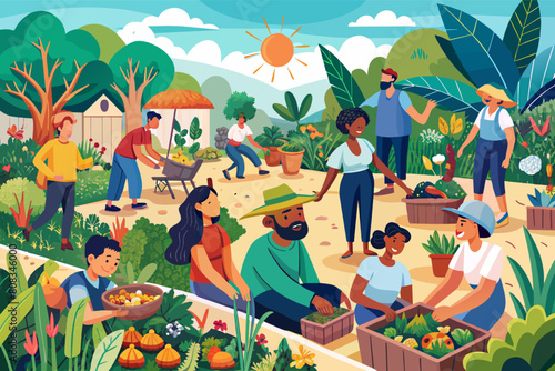 Illustration of a diverse group of people gardening together in a community garden, with various activities such as planting and watering plants, all surrounded by lush greenery and a clear sky.