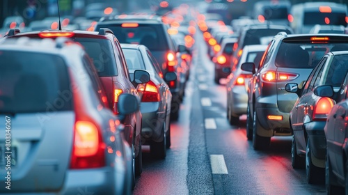 Darkening skies and wet roads create a reflective surface for the red and white lights of evening rush hour traffic in a bustling city