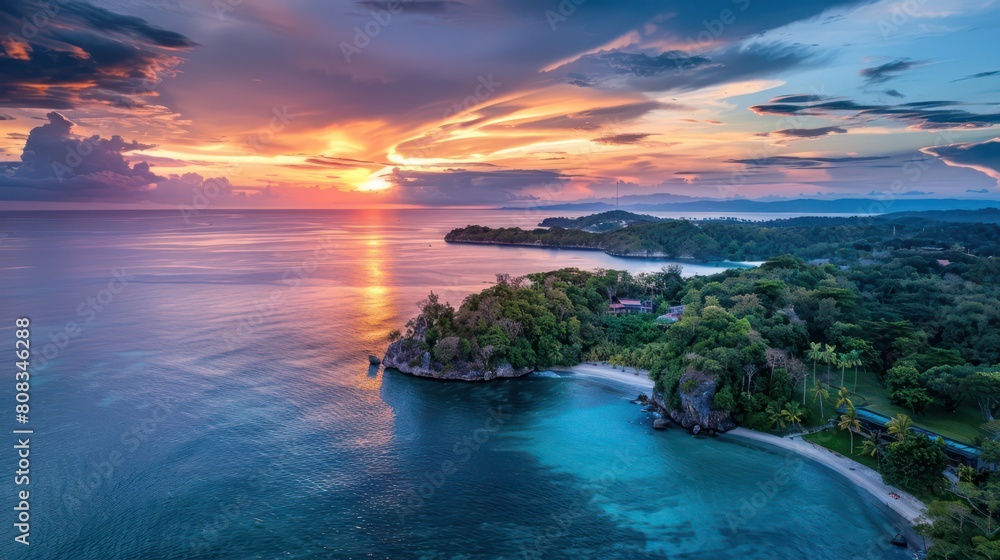 Fototapeta premium Stunning aerial shot captures a vibrant tropical sunset over a serene bay, highlighting the dynamic sky and tranquil waters