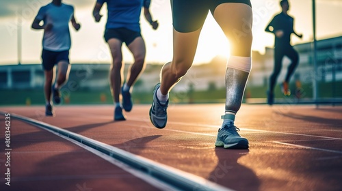 Group of Athletes Running on a Track at Sunset, Showcasing Determination and Teamwork