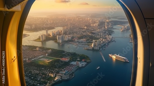 Stunning Aerial View From Airplane Window Overlooking Coastal City During Sunset photo