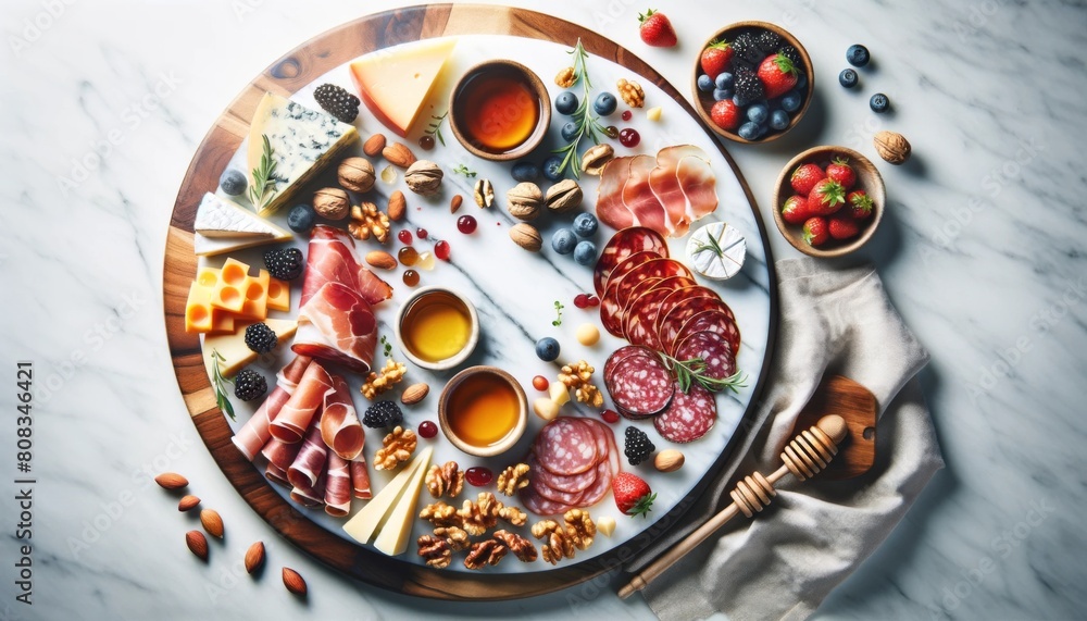 Charcuterie board with variety of cheese, meat and fruits.

