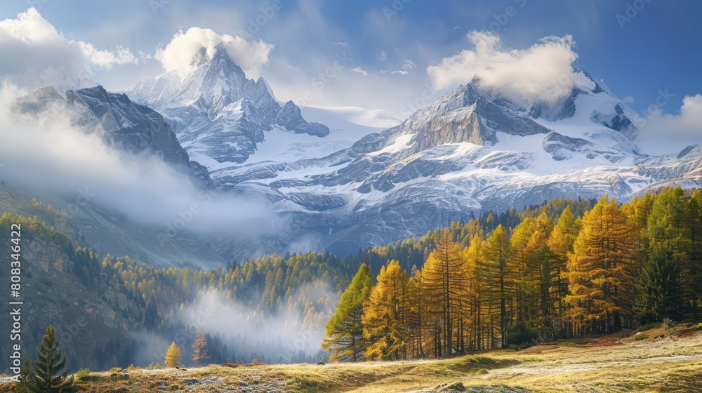 Majestic snow-capped mountains towering over a serene forest of golden yellow autumn trees, with mist rolling over the peaceful landscape