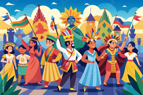 group of people in traditional and ceremonial attire from various cultures, parading through a vibrant village with flags and decorative elements, set against a backdrop of mountains and a sunny sky. photo