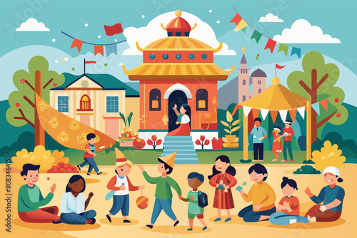 People paying music behind a temple and dancing in festive time illustration