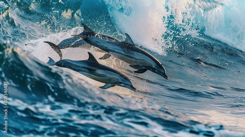 Three beautiful dolphins jumping over breaking waves. Hawaii Pacific Ocean wildlife scenery. Marine animals in natural habitat.