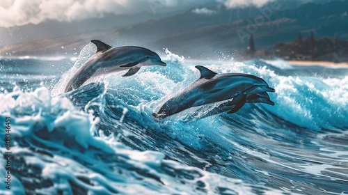 Three beautiful dolphins jumping over breaking waves. Hawaii Pacific Ocean wildlife scenery. Marine animals in natural habitat. © somneuk