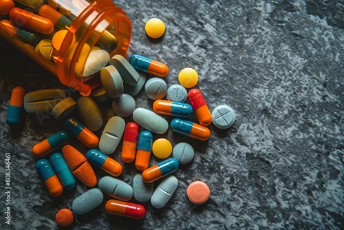 colorful prescription pills and supplements spilling from orange bottle representing focus on mental and physical wellness topdown photo