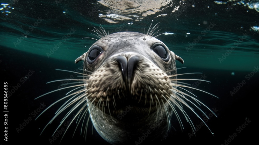 Fototapeta premium Captivating Close-Up of a Seal Underwater With Whiskers and Eyes in Sharp Focus