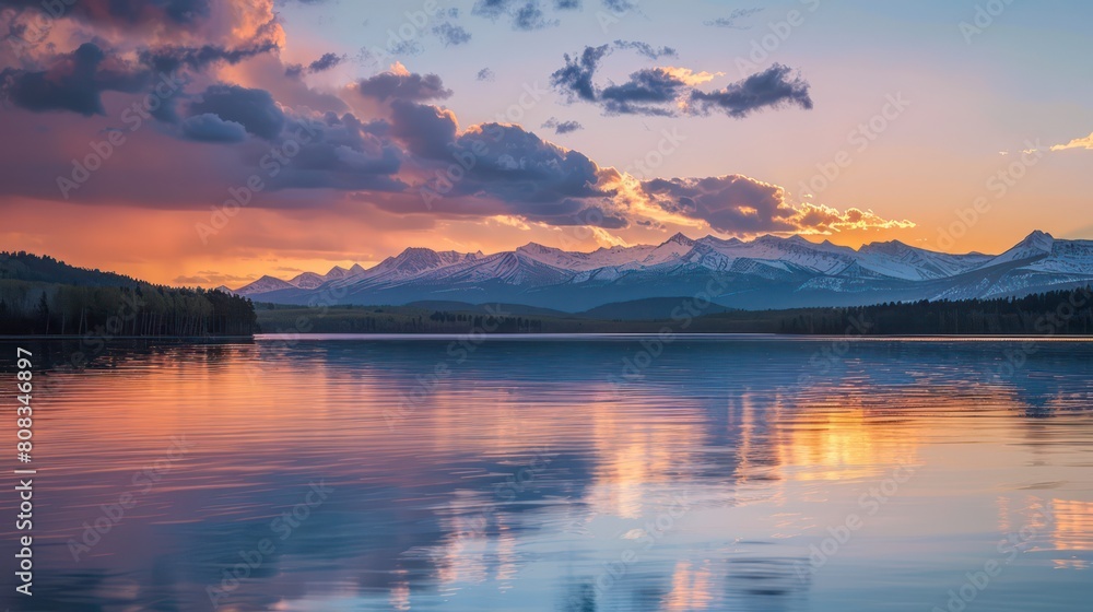 The sun sets dramatically over a peaceful lake, creating a stunning interplay of warm colors and silhouettes The sun sets dramatically over a peaceful lake, creating a stunning interplay of warm colors and silhouettes