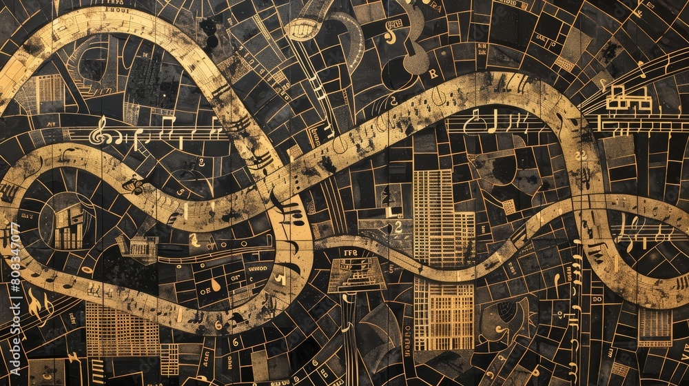 Fototapeta premium An artistic map depicting a city as a series of musical notes on a staff, where each note represents a landmark or district, and lines of melody form the streets