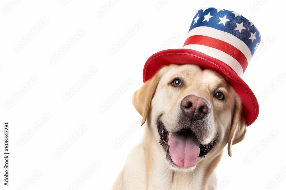 Joyful labrador retriever sporting a vibrant. United states flag-themed hat poses against a white background. Symbolizing american pride and festive celebrations like independence day or memorial day Joyful labrador retriever sporting a vibrant. United states flag-themed hat poses against a white background. Symbolizing american pride and festive celebrations like independence day or memorial day