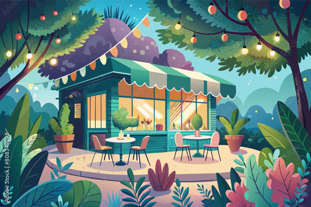 Colorful illustration of a quaint outdoor cafe nestled among lush greenery and trees, featuring a blue storefront with a striped awning, outdoor seating with red chairs