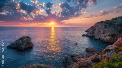 Vibrant sunset illuminates the sky and sea around impressive rock formations along the coast