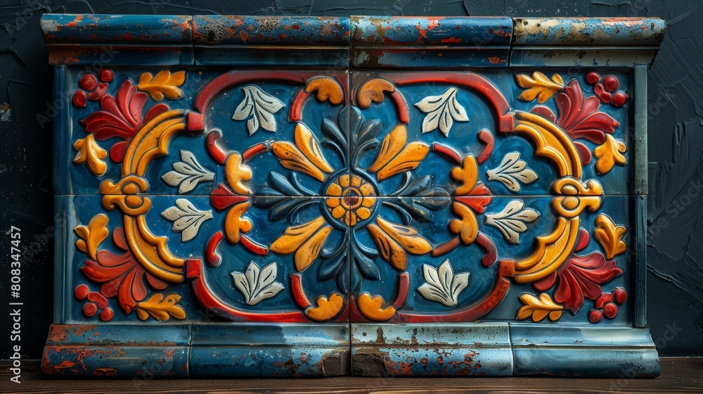 Detail of an ornamental blue and orange painted decorative wall panel