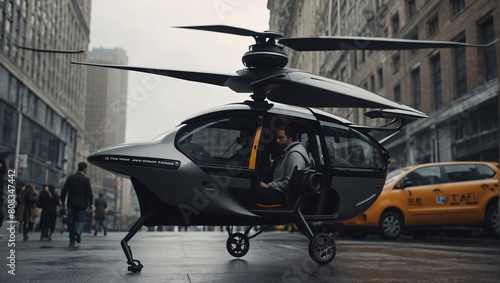 The transport of the future represents an innovative solution for autonomous travel, including an electric passenger taxi with vertical take-off and landing photo