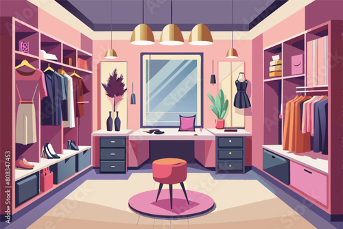 Illustration of a stylish walk-in closet with pink walls, featuring a large mirror, a desk with a laptop, a plush stool, and various clothing items and accessories neatly organized.