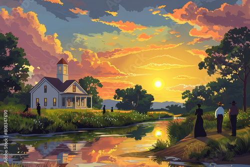 Vibrant sunset over a scenic landscape with a small house and figures by a river photo