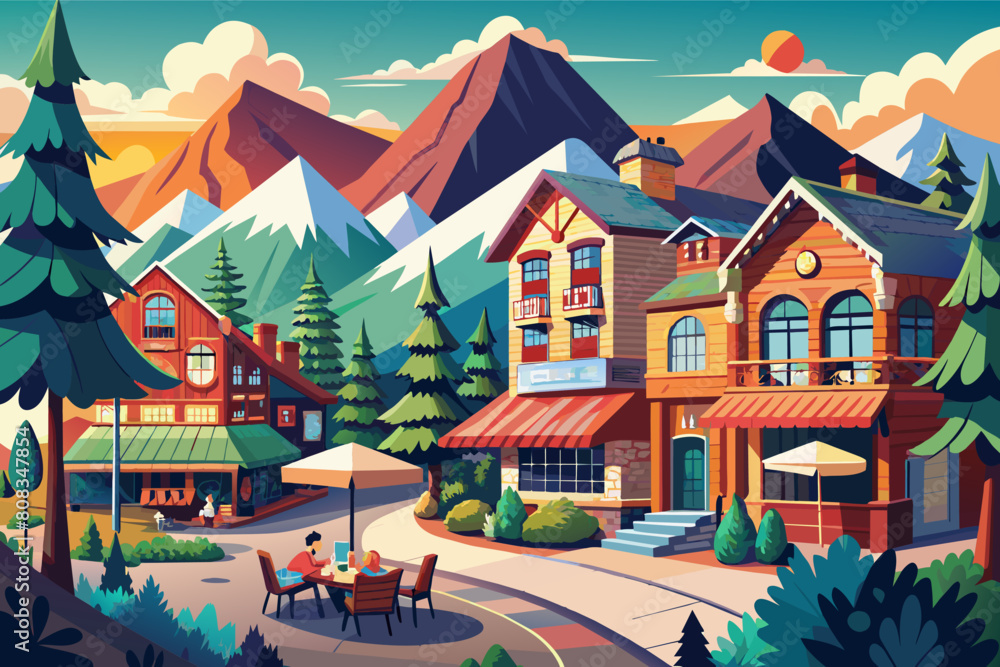 Illustration of a quaint mountain town with colorful buildings, snow-capped peaks in the background, and people sitting at a cafe table. Illustration of a quaint mountain town with colorful buildings, snow-capped peaks in the background, and people sitting at a cafe table.