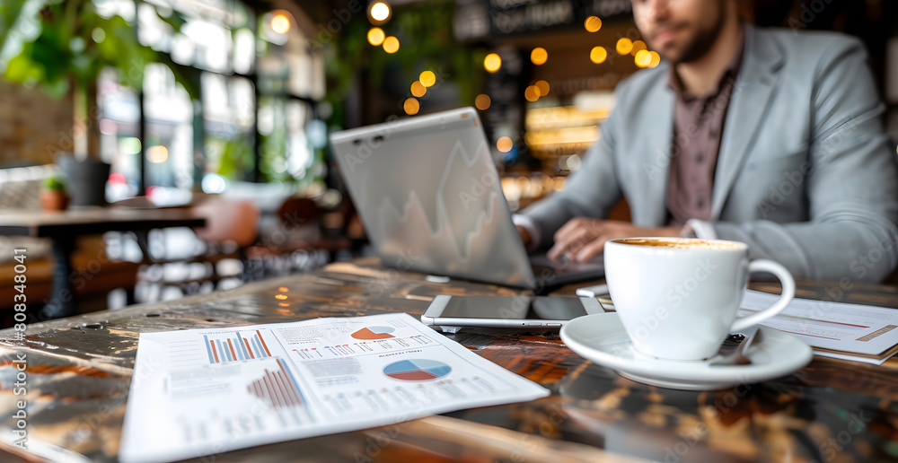 A man is sitting at a table with a laptop and a cup of coffee