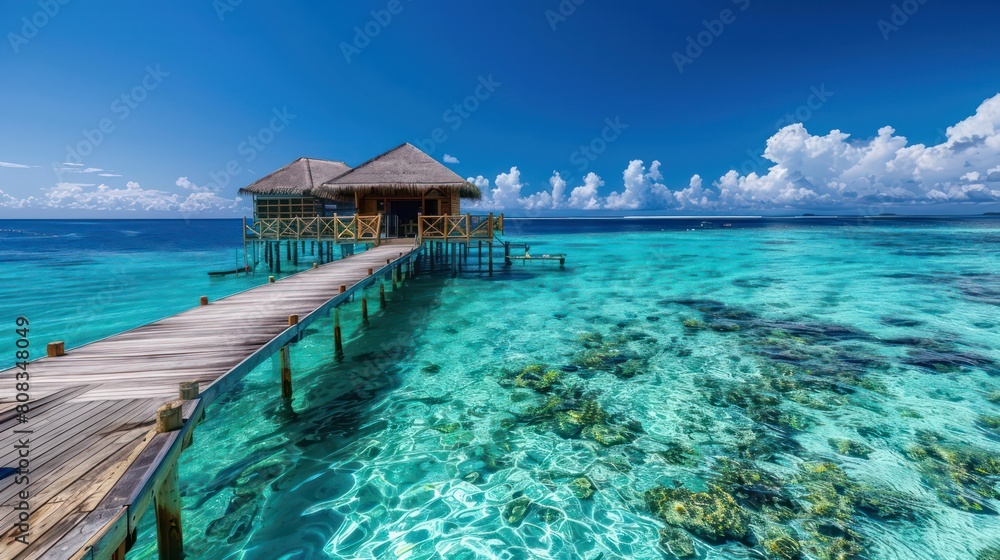 A wooden pier extends into the crystal-clear turquoise waters of a tropical paradise under a sunny blue sky offering escape