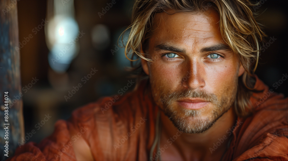 Intense blue-eyed man portrait in rustic environment Intense blue-eyed man portrait in rustic environment