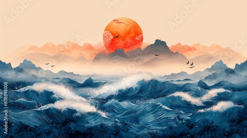 Oriental ocean background modern design with circle sun, sea waves, magpie, birds. Elegant ocean landscape illustration design for wall art or wallpaper. Chinese and Japanese oriental line art. photo